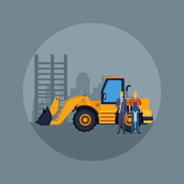 Bulldozer truck and construction engineer and worker over under construction scenery — 스톡 벡터