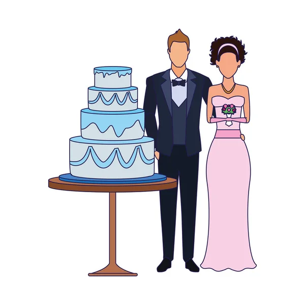 Noiva e noivo e bolo de casamento, design plano —  Vetores de Stock