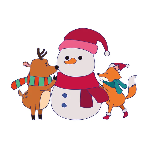 Raposa de Natal e veado com ícone de boneco de neve — Vetor de Stock