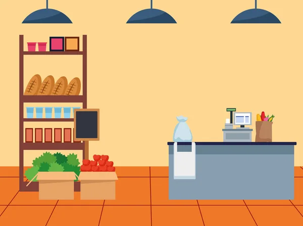 Stand de supermercado con comestibles y caja registradora, diseño colorido — Archivo Imágenes Vectoriales