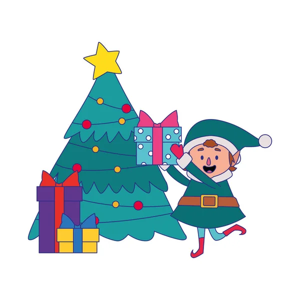 Šťastný vánoční skřítek s dárkovými krabicemi kolem vánočního stromečku — Stockový vektor
