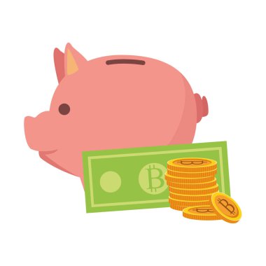 İzole edilmiş bitcoinler ve domuzcuk simgesi vektör tasarımı