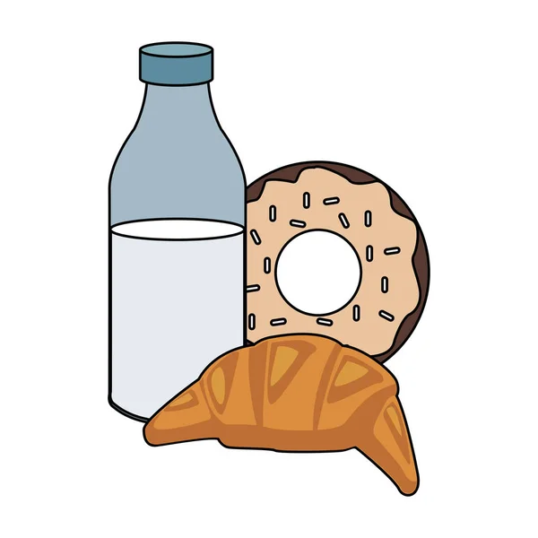Μπουκάλι γάλα με κρουασάν και γλυκό ντόνατ, πολύχρωμο σχεδιασμό — Διανυσματικό Αρχείο