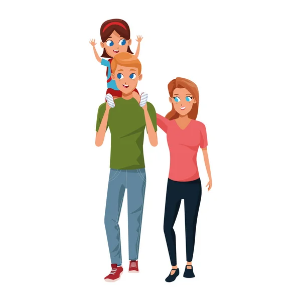 Cartoon vrouw en man dragen zijn kleine dochter op de schouders — Stockvector