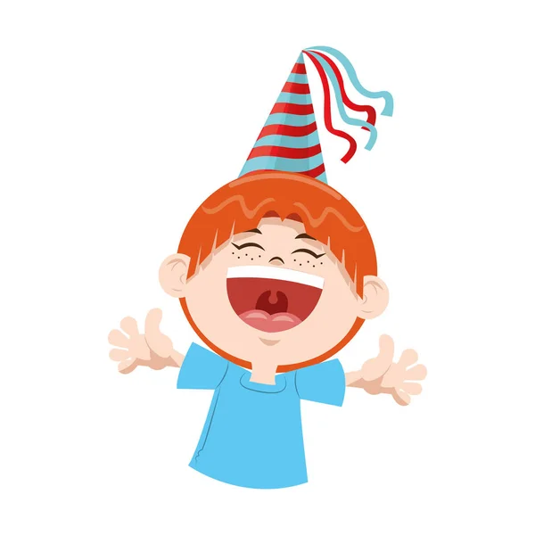Desenho animado menino feliz com ícone de chapéu de festa, design colorido — Vetor de Stock