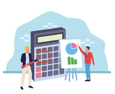 büyük hesap makinesi ve büyüteçle avatar iş adamları