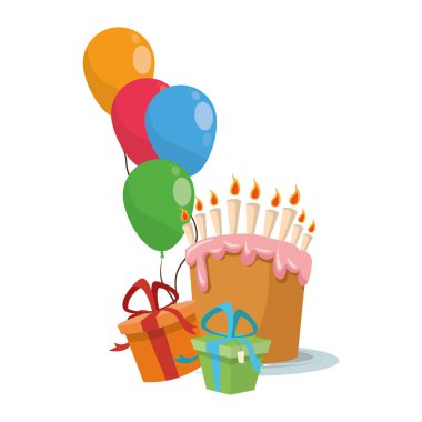 Balonlu doğum günü pastası ve hediye kutuları, renkli tasarım.