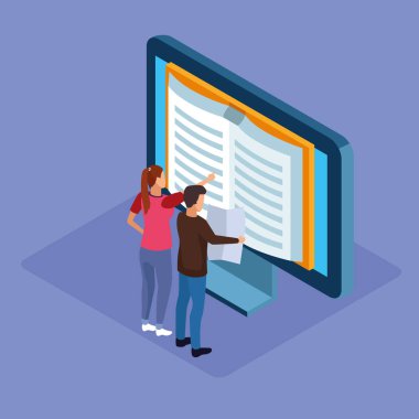 Ekranda kitap olan bilgisayarın izometrik tasarımı ve ayakta duran erkek ve kadın