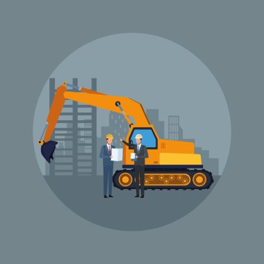 Kazı kamyonu ve mühendisleriyle inşaat sahnesi altında.