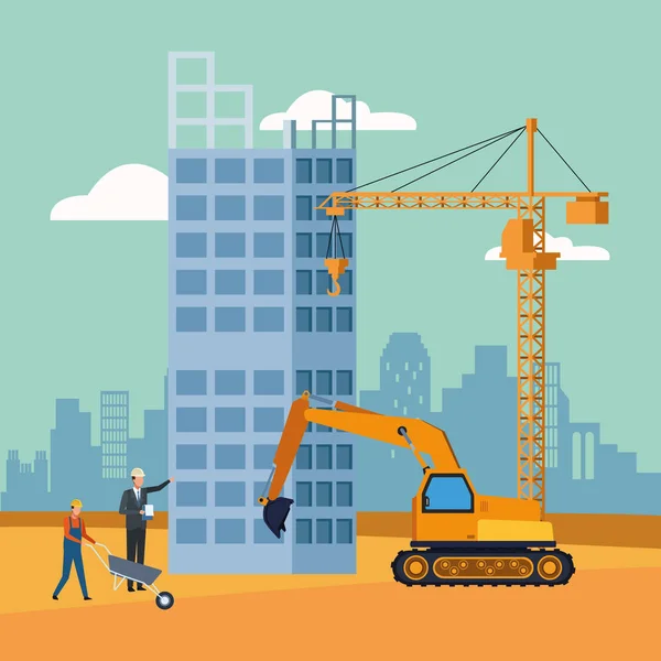 Escavadeira com enginner e construtores trabalhando em fundo de cenário de construção —  Vetores de Stock
