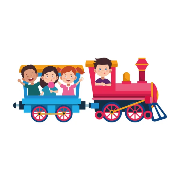 Leuke kinderen in een trein en wagen icoon — Stockvector