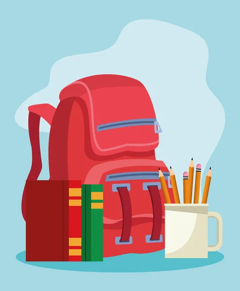 Skola ryggsäck med böcker och mugg med pennor — Stock vektor