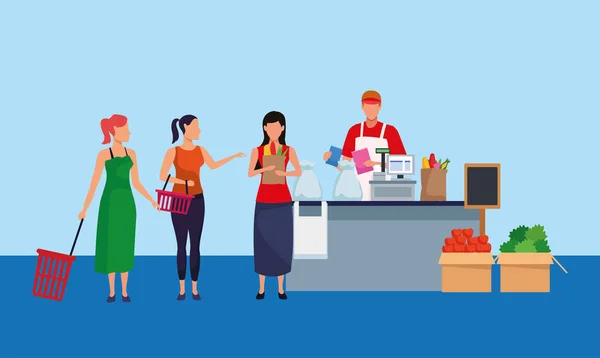 Avatar supermercado trabalhador na caixa registradora com mulheres clientes —  Vetores de Stock