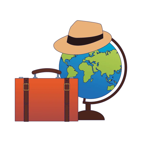 Globo com chapéu e ícone de mala de viagem — Vetor de Stock