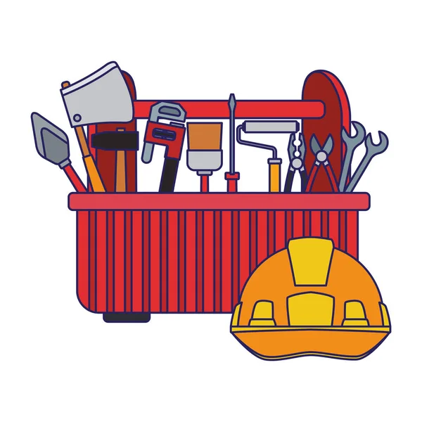Коробка інструментів з інструментами та значком безпечного шолома — стоковий вектор