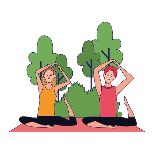 Cartoon homem e mulher fazendo ioga ao ar livre com árvores —  Vetores de Stock