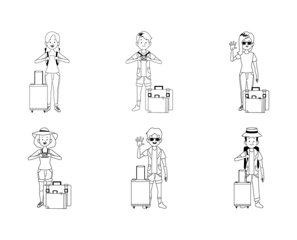 Icono conjunto de jóvenes viajeros con maletas, diseño plano — Archivo Imágenes Vectoriales