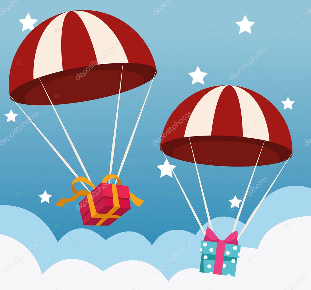 parachutes with gift boxes over sky with stars background