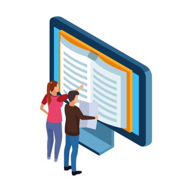 Kadın ve erkek bilgisayar ekranında bir kitabı işaret ediyor, renkli tasarım.