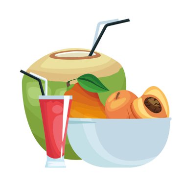 Hindistan cevizi suyu ve meyveli kase.