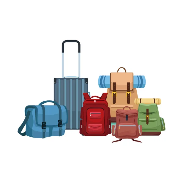 Travel suitcase with bags and backpacks icon — 스톡 벡터