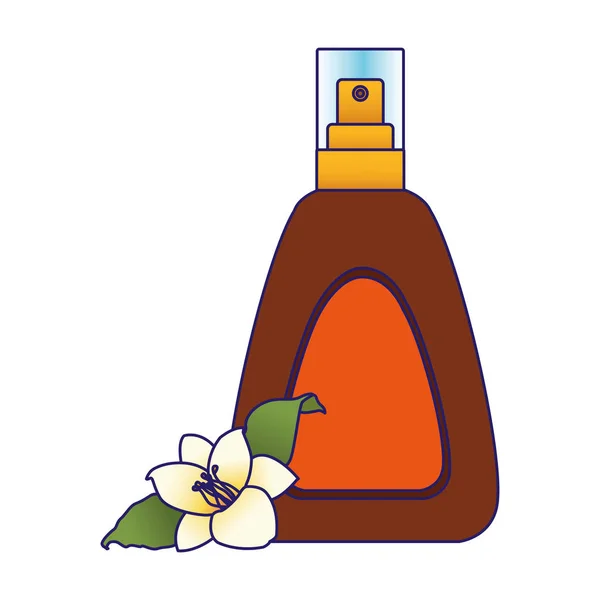 Bellissimo fiore e sole abbronzante spray bottiglia ico, design colorato — Vettoriale Stock