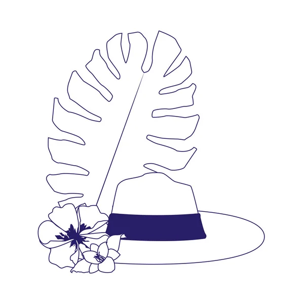 Tropický list a plážový klobouk s květinami, plochý design — Stockový vektor