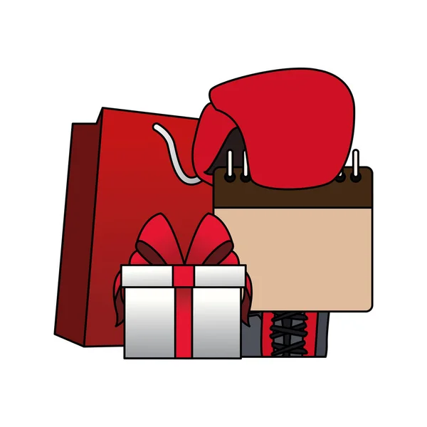 Nákupní taška a dárková krabička, barevný design — Stockový vektor