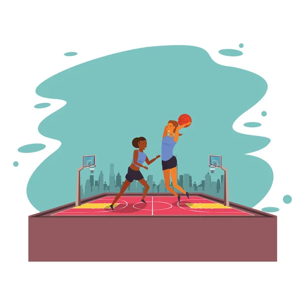 Junge Sportlerinnen spielen Basketball mit Luftballon — Stockvektor