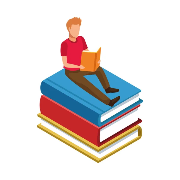 Man reading a book sitting on books stack — Stock Vector