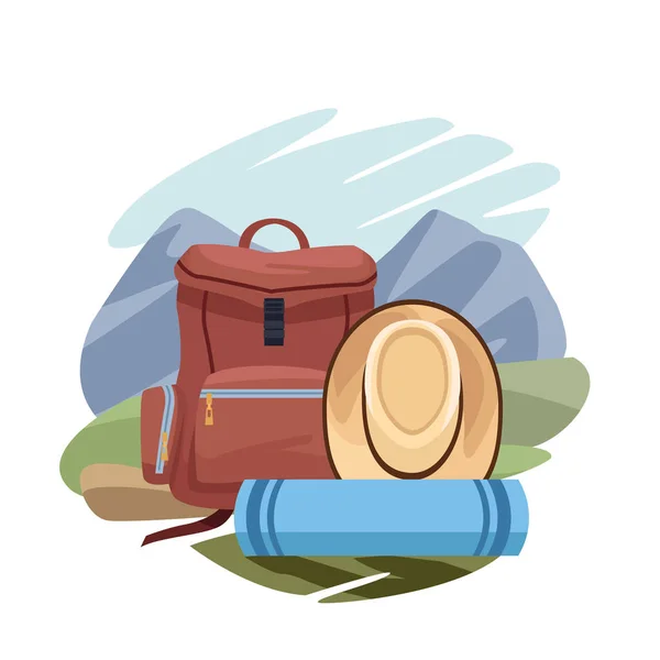 Рюкзак зі спальним мішком і капелюхом над пейзажем і білим тлом, барвистий дизайн — стоковий вектор