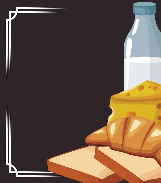 Melkfles met broden en stukje kaas — Stockvector