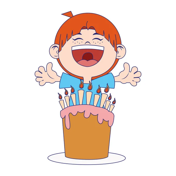 Счастливый мальчик с именинным тортом со свечами — стоковый вектор