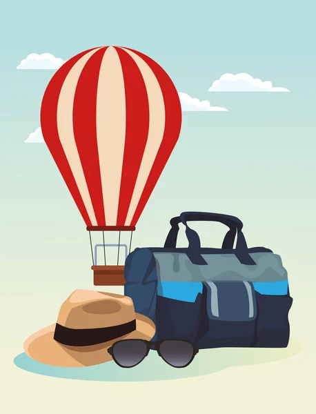 Ballon à air chaud avec sac de voyage et chapeau, design coloré — Image vectorielle