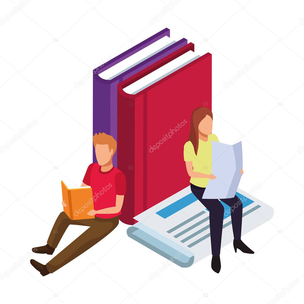 man and woman reading around of big books and newspaper