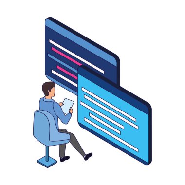 Ekran simgesinin önünde oturan adam