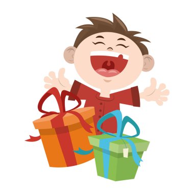 Çizgi filmlerde hediye kutuları simgesi olan mutlu çocuk.