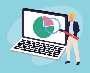 Avatar adam elinde büyüteçle dizüstü bilgisayarı işaret ediyor.