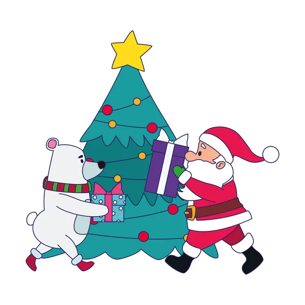 Рождественская елка с белым медведем и Санта-Клаусом с подарочными коробками — стоковый вектор