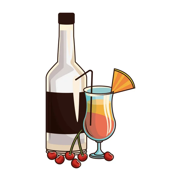Botella de licor y el icono del cóctel del amanecer, diseño plano — Vector de stock