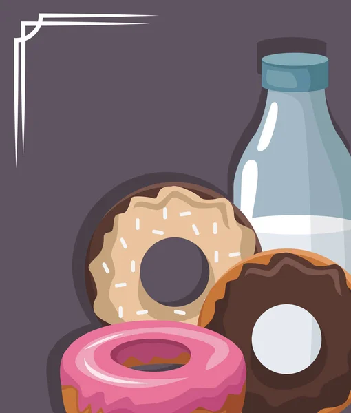 Sweet donuts and milk bottle — Stock Vector