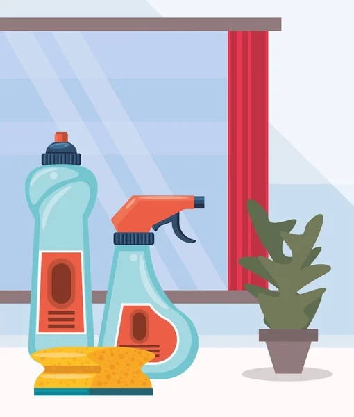 Habitación de la casa con productos de botellas de limpieza — Vector de stock