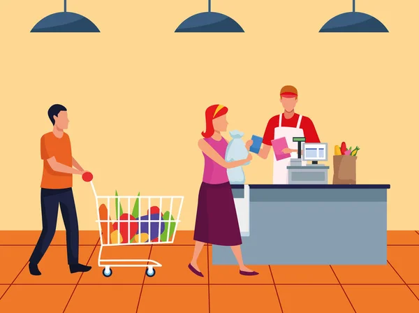 Avatar klanten bij supermarkt kassa, kleurrijk design — Stockvector