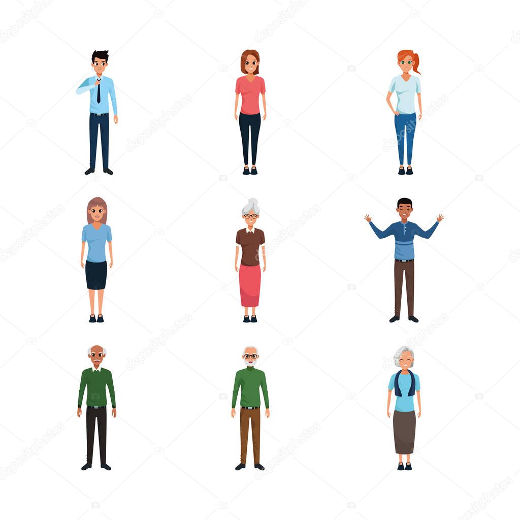 cartoon old people and adults standing icon set