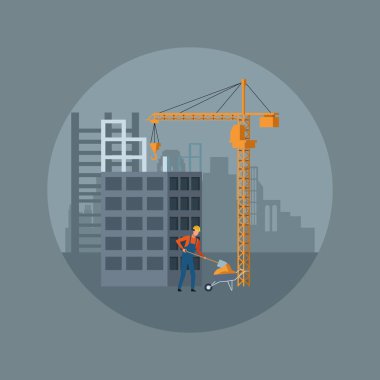 İnşaat işçisi ve vinçle inşaat sahnesinde.