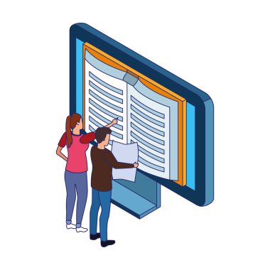 Kadın ve erkek bilgisayar ekranında bir kitabı işaret ediyor, renkli tasarım.