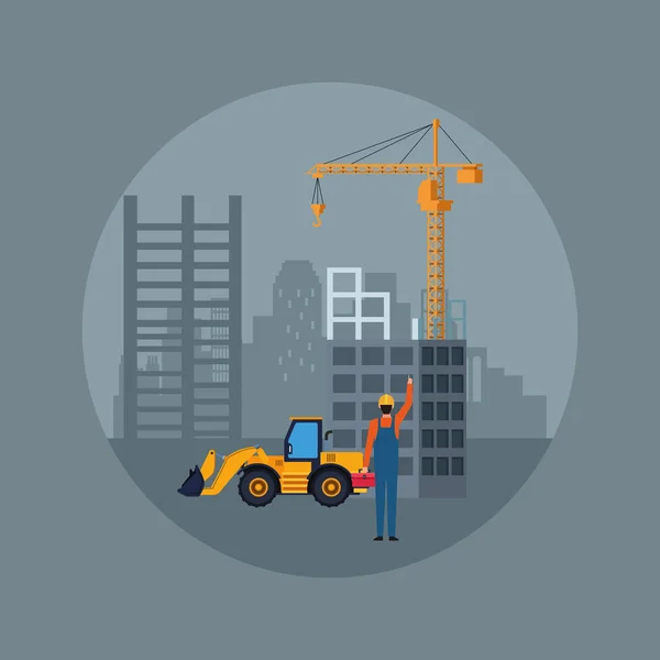 Under construction scenery with construction truck and builder over gray background — 스톡 벡터