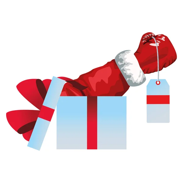 Coffret cadeau avec bras santa claus tenant une étiquette de prix, design coloré — Image vectorielle