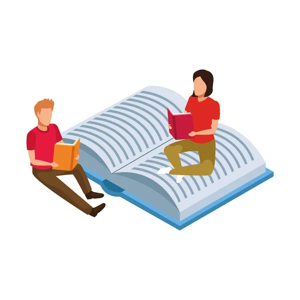 Hombre y mujer leyendo sentado en libro abierto — Vector de stock