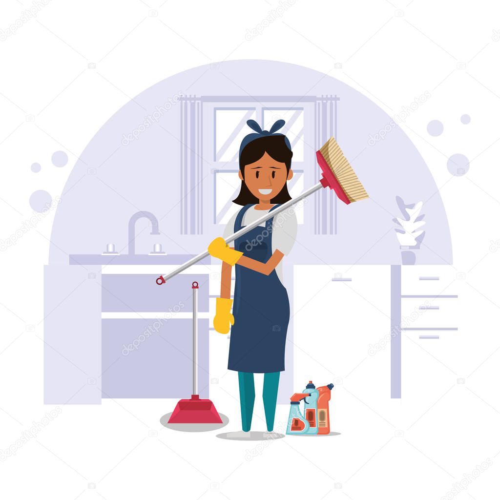 woman worker housekepping with broom